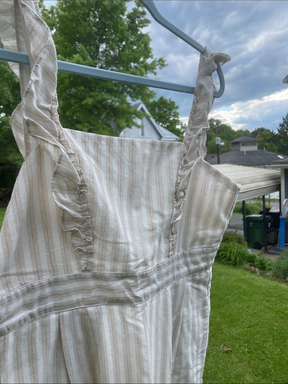 Striped Cream Ruffle-Shoulder Jumpsuit - Picture 2 of 7